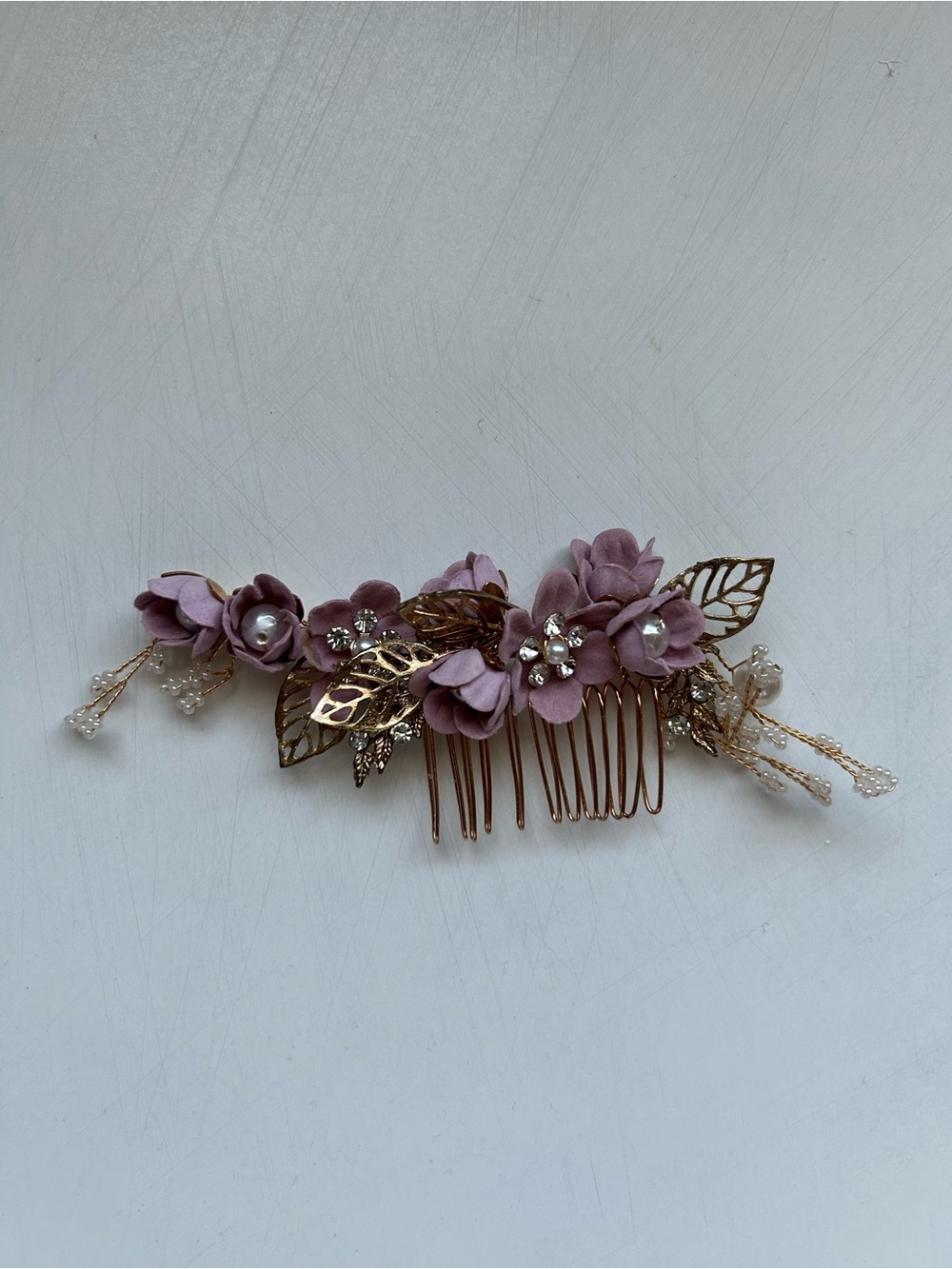 Preowned Delicate Mauve Floral Hair Piece Accessory Gold Leaves Wedding Events